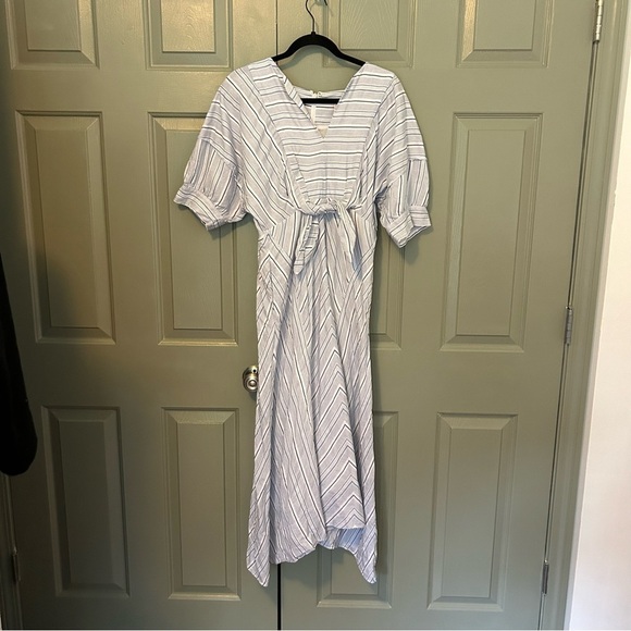 Rebecca Taylor Cotton Striped Blue and White Tie Waist Midi Dress - Picture 2 of 5